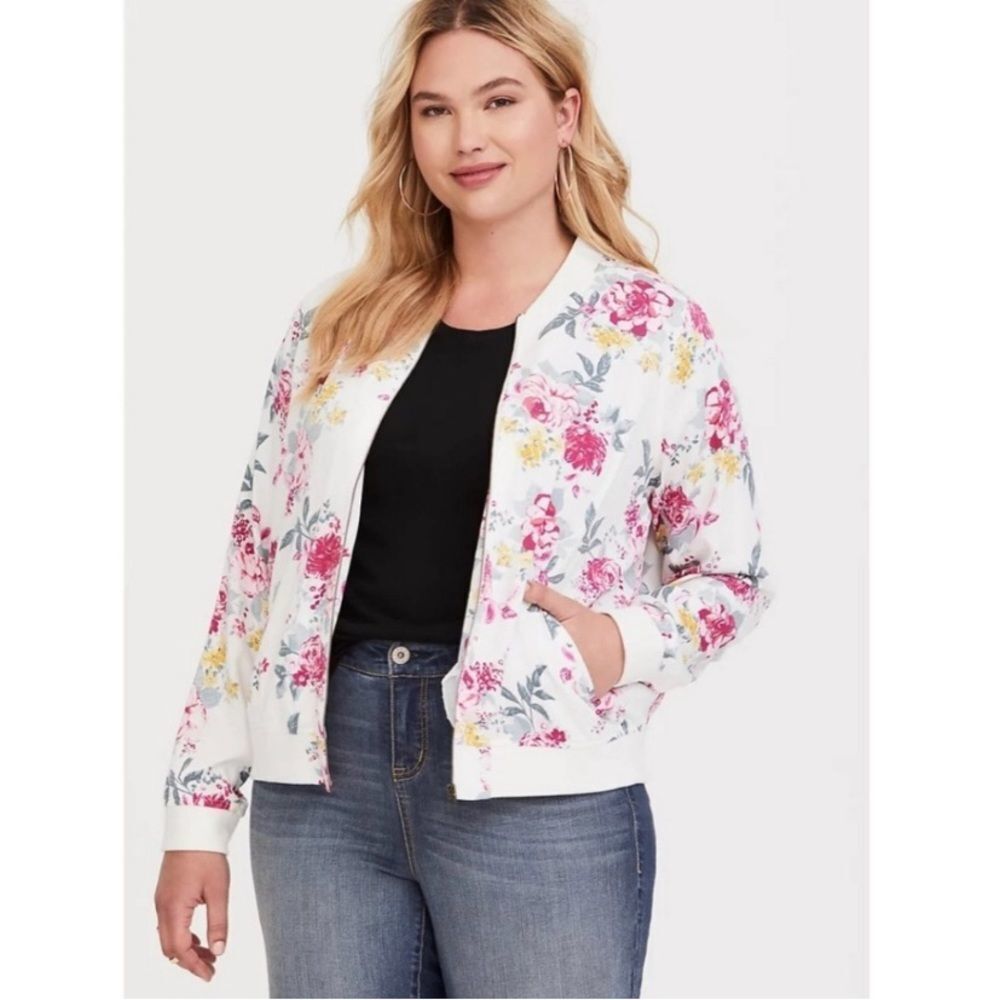 Torrid FLORAL TWILL BOMBER JACKET White Zip Front
